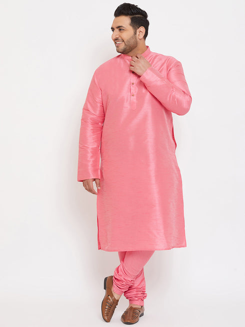 Vastramay Men's Plus Size Pink Silk Blend Kurta Pyjama Set